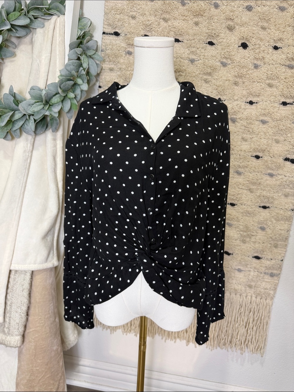 American Rag Black White Polka Dot Twist-Front Blouse size M